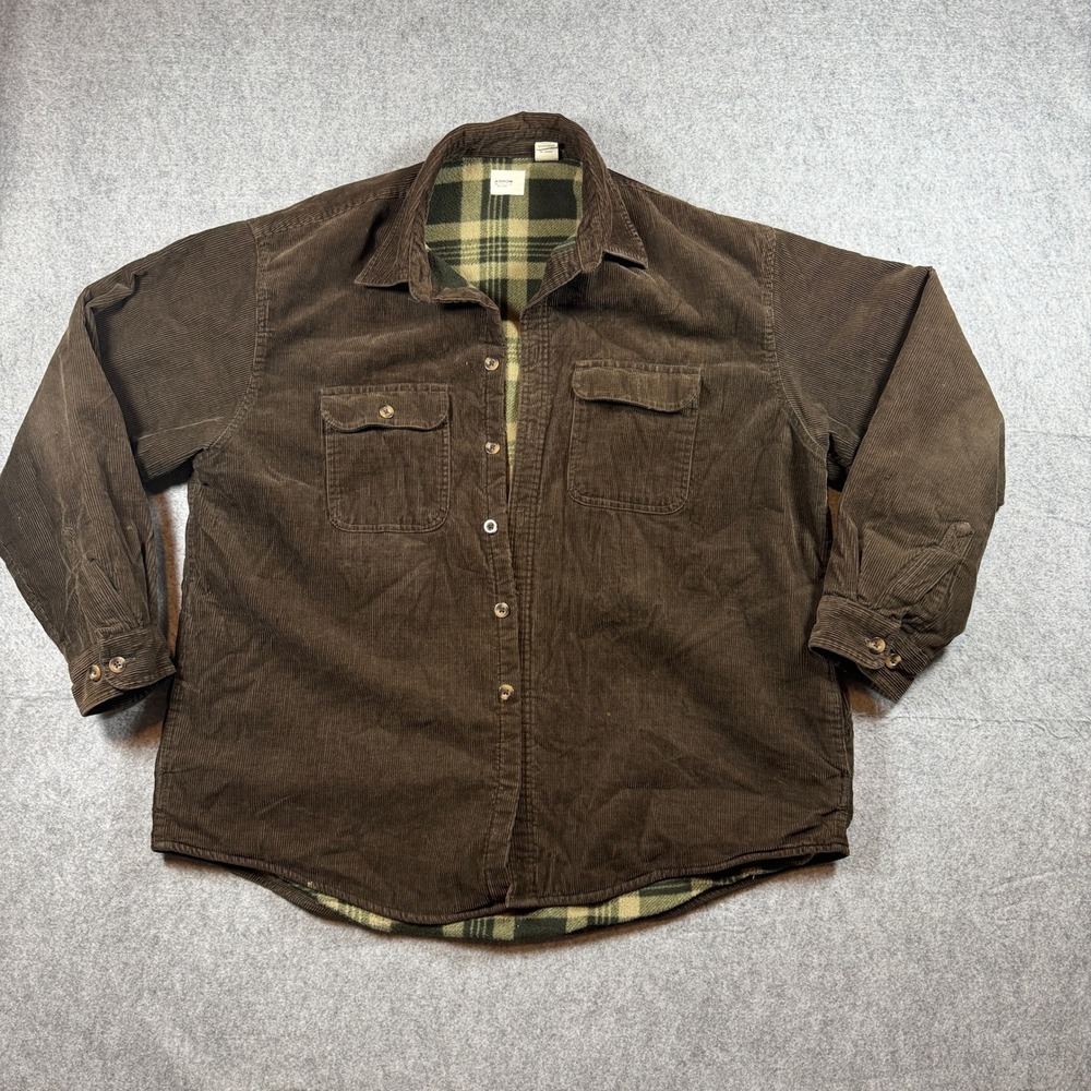 Arrow Mens Corduroy Shirt Jacket XL Brown Fleece Lined Plaid Shacket Cotton
